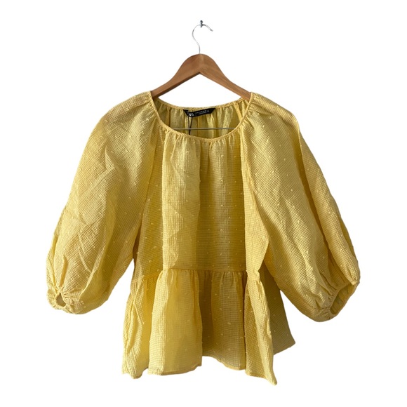 NWT Zara Swiss Dot Volume Blouse Yellow Puffed Sleeve Sheer Blouse M - Picture 3 of 11